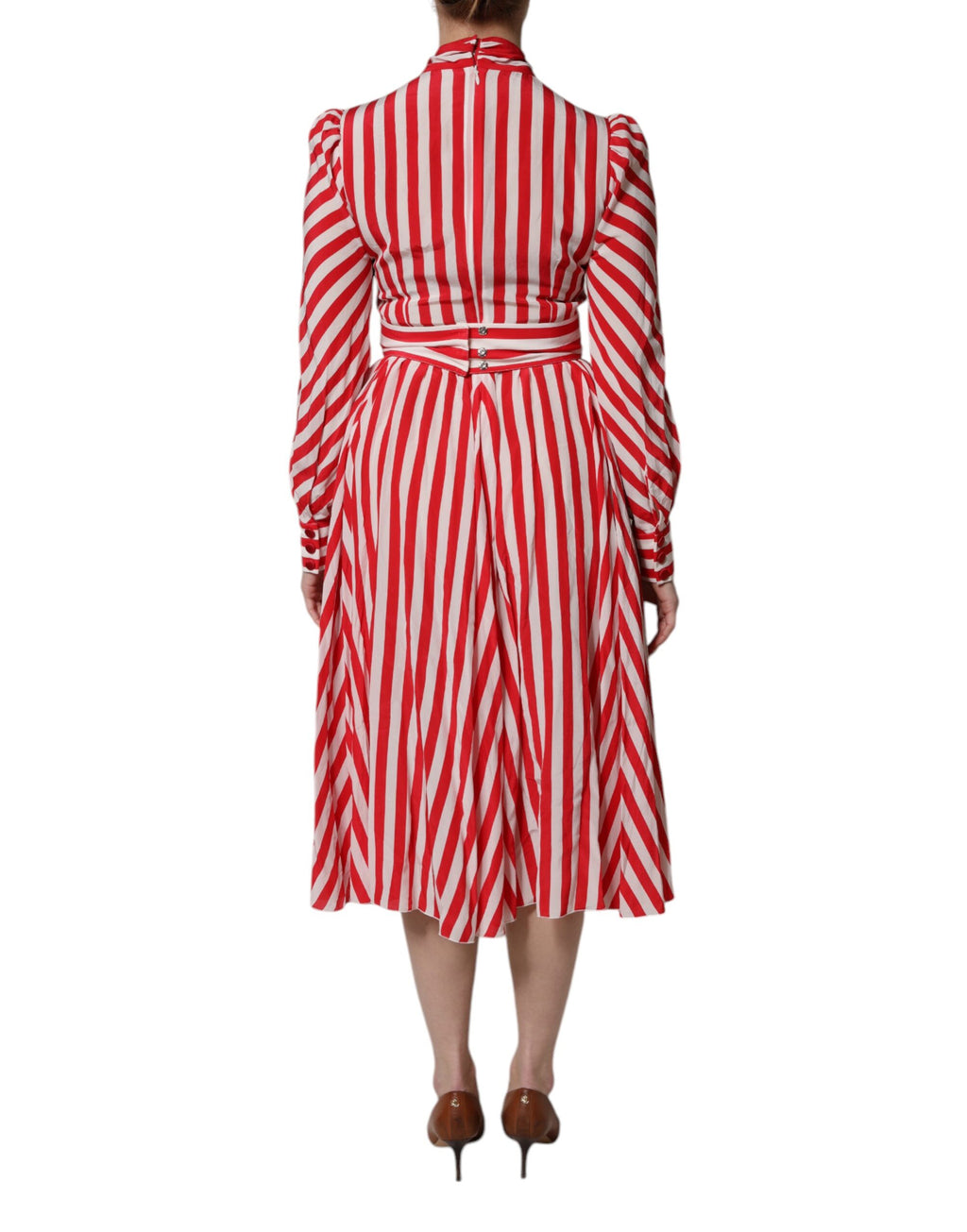 White Red Stripes Long Sleeves Midi Dress