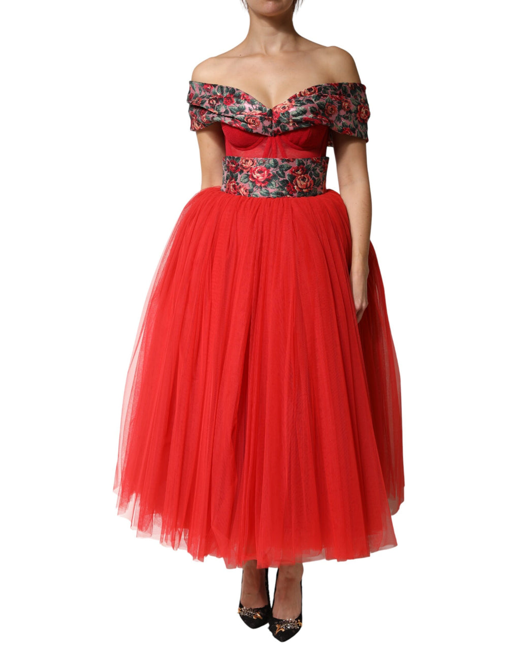 Red Floral Off Shoulder A-line Gown Dress
